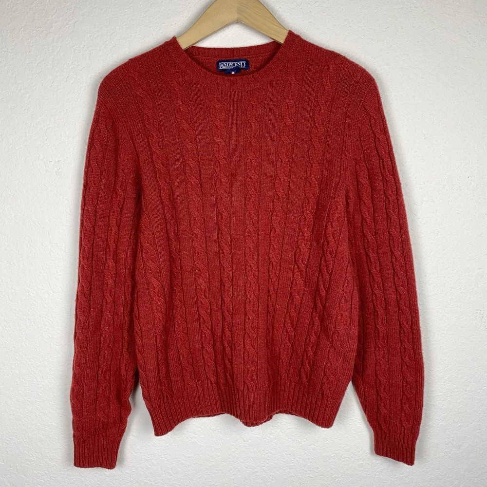 Lands End Womens M 100% Lambswool Sweater Cable Knit Red Made In USA Fisherman